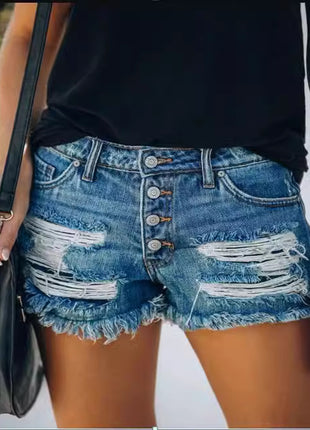 Fringed Denim Shorts Straight Breasted Hot Shorts
