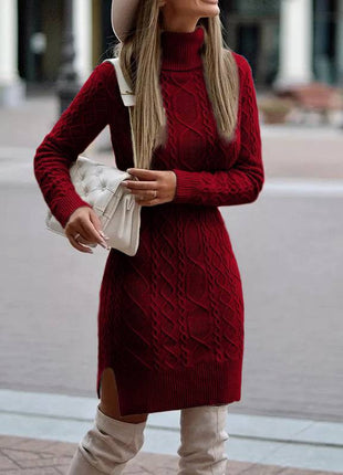 Turtleneck Knitted Slit Winter Dress