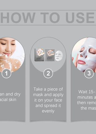 Step-by-step guide on how to use a facial mask with three circular images and text.