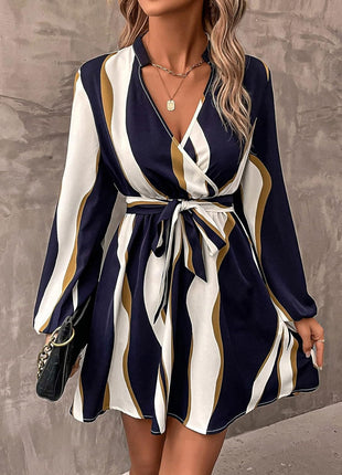 Belt Printed V-neck Dress