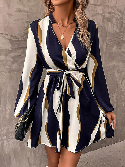 Belt Printed V-neck Dress