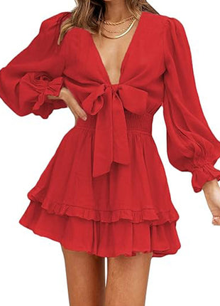 V-neck Ruffled Slimming Long Sleeves Dress