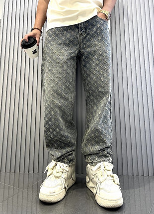 Jacquard High Street Loose Straight Washed Wide-leg Jeans