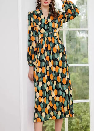 V-neck Long-sleeved Mid-skirt High Waist Button Dress