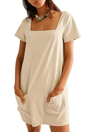 Square Collar Short Sleeve Short Skirt Pocket Dress