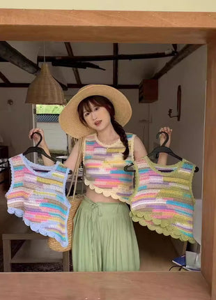 Hollow-out Knitted Sling Crocheted Sleeveless Tassel Top