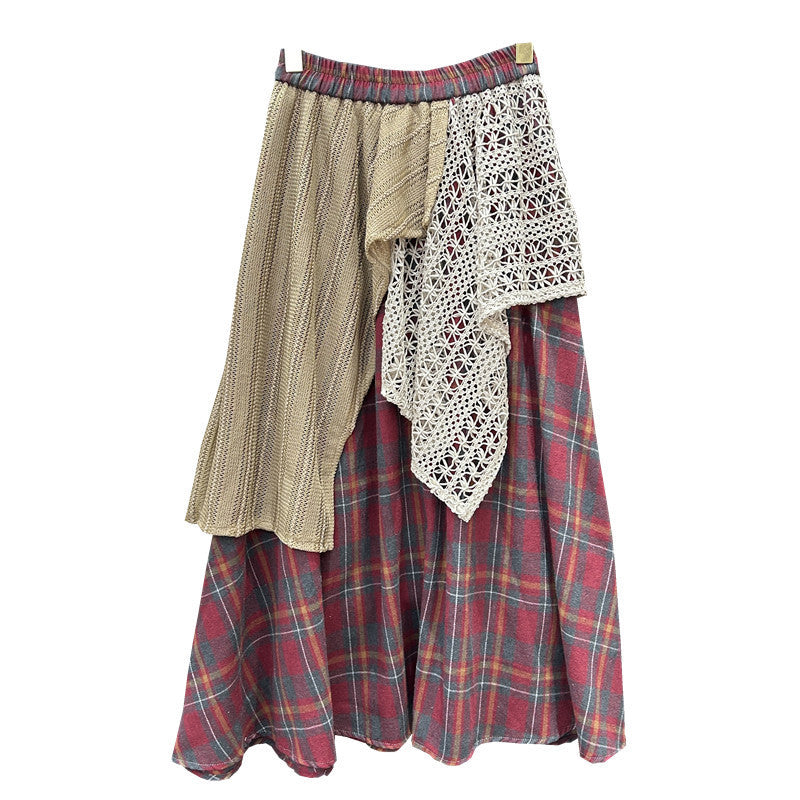 Irregular Stitching Color-contrast Check Skirt