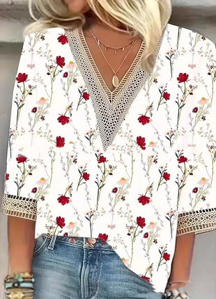 Casual V-neck Stitching Lace Short Sleeve