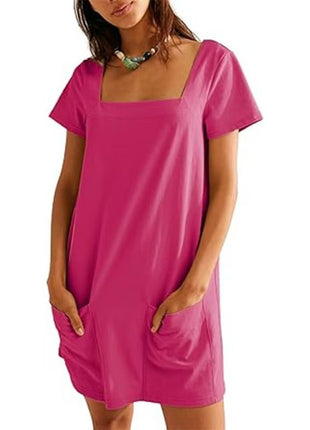 Square Collar Short Sleeve Short Skirt Pocket Dress