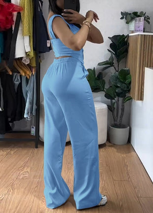 Sling Short Tight Vest High Waist Wide Leg Trousers Suit Set