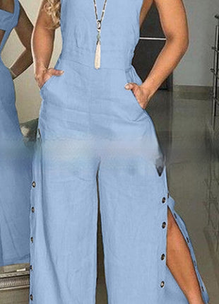 Sleeveless Side Pocket Side Buckle Wide Leg Jumpsuit