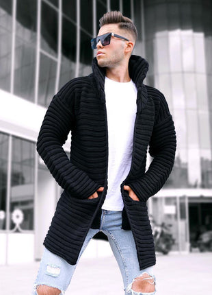 Knitted Cotton Ribbed Jacquard Lapel Cardigan Sweater