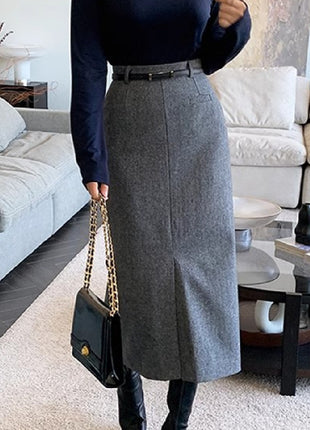 Gray Autumn and Winter Thickened High Waist Mid-Length Sheath Skirt