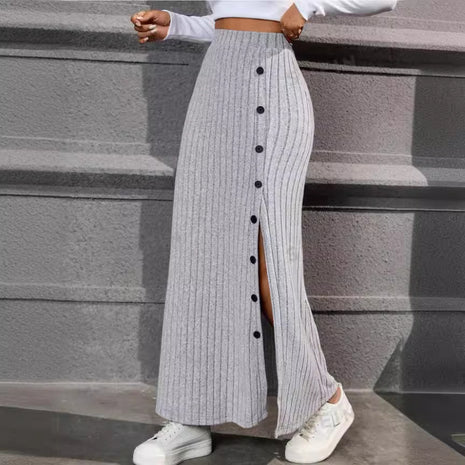 Knitted Dress Sunken Stripe Slit Fastener Decoration Sheath Skirt