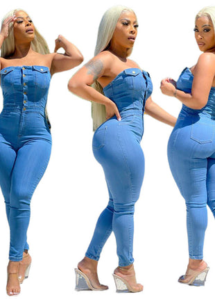 Tube Top Off-shoulder Slim Fit Denim Jumpsuit