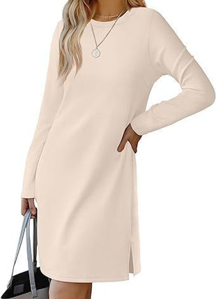 Round Neck Slit Hemline Sweater Long Sleeve Dress