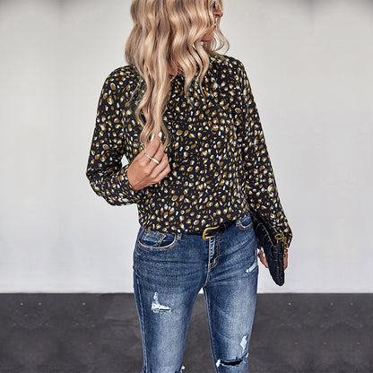 Pullover Long Sleeve Bow Collar Printed Shirt