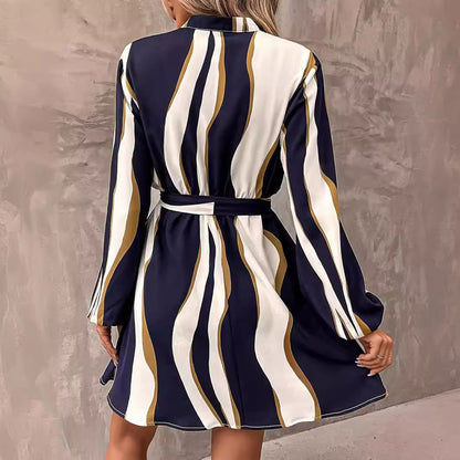 Belt Printed V-neck Dress