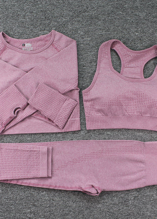 Three-piece Bra, Long Sleeve Top and Trousers Yoga Suit