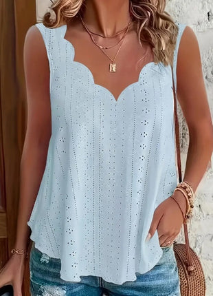 Casual Scallop Trim V Neck Sleeveless Eyelet Cut Out Tank Top