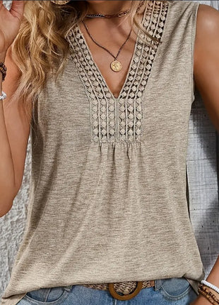 Lace V Neck Sleeveless Flowy Silhouette Breathable Fabric Tank Top