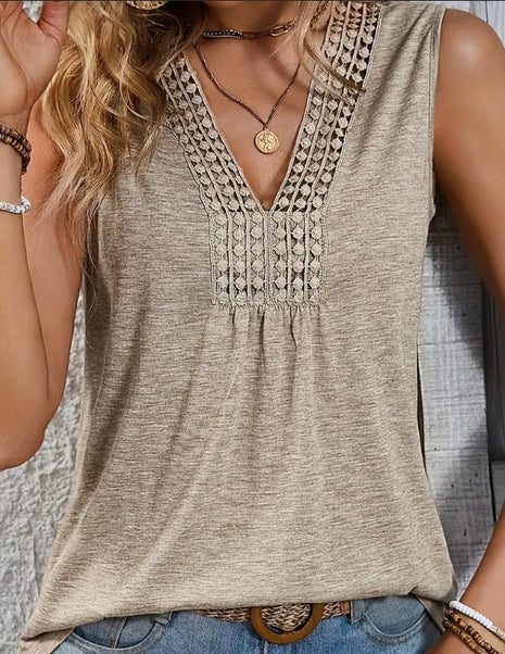 Lace V Neck Sleeveless Flowy Silhouette Breathable Fabric Tank Top