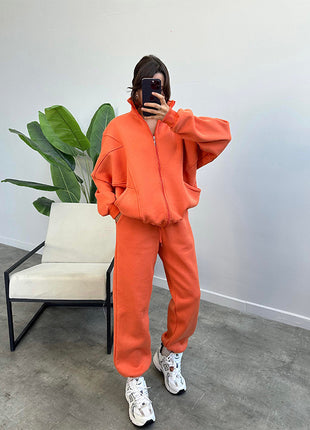 Stand-up Collar Zipper and Drawstring Trousers Set with Pockets