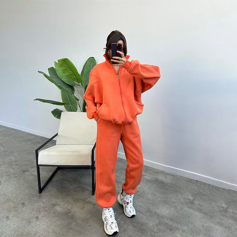 Stand-up Collar Zipper and Drawstring Trousers Set with Pockets