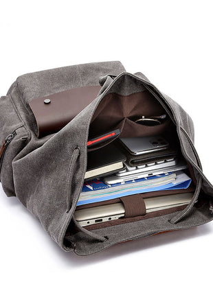 Casual Canvas Backpack Business Laptop Bag With Buckle Drawstring Design