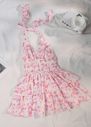 Floral Flounce Backless Halter Neck Dress