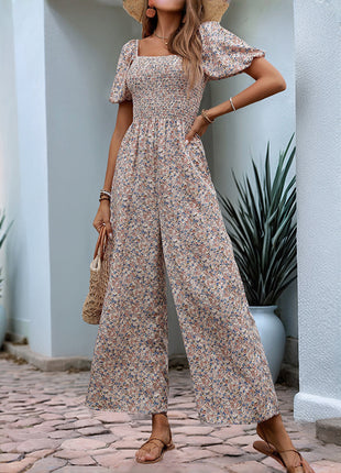 Square Collar Puff Sleeve Vacation Style Floral Jumpsuit