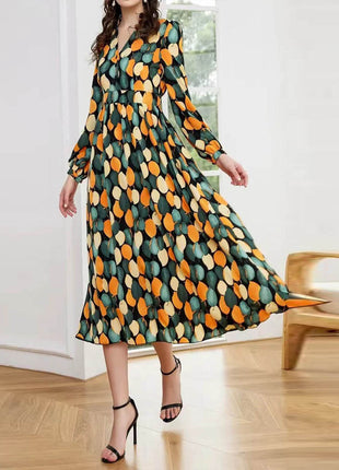 V-neck Long-sleeved Mid-skirt High Waist Button Dress