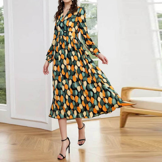 V-neck Long-sleeved Mid-skirt High Waist Button Dress