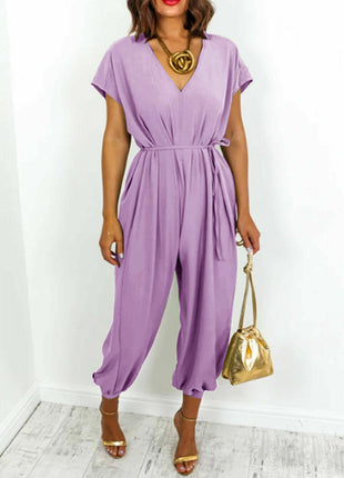 V-neck Lace-up Waist Wide Leg Jumpsuit