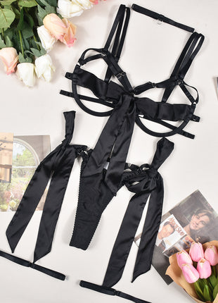 Satin Dew Leg Ring Strap Lingerie 4-piece Set