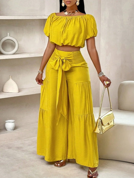 Short Sleeve Summer Pleats and Pants Suit Set