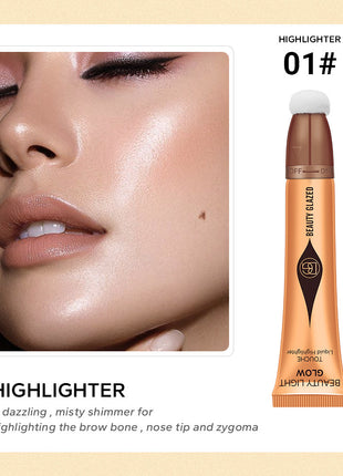 An image showcasing various beauty products including a highlighter, contour cream, and blusher. The highlighter is in a gold tube, the contour cream in a rose gold tube, and the blusher in a pink tube, each with a small sample amount applied to the skin to demonstrate the effect.