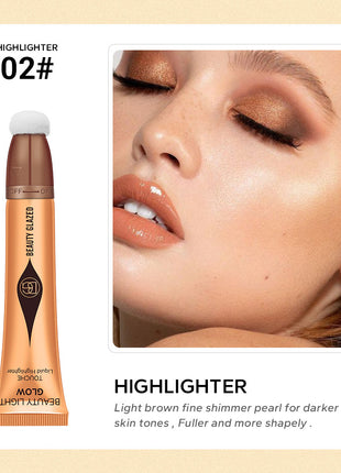 An image showcasing various beauty products including a highlighter, contour cream, and blusher. The highlighter is in a gold tube, the contour cream in a rose gold tube, and the blusher in a pink tube, each with a small sample amount applied to the skin to demonstrate the effect.