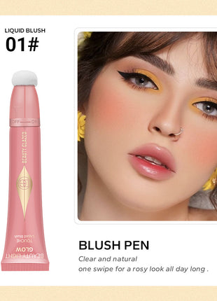 An image showcasing various beauty products including a highlighter, contour cream, and blusher. The highlighter is in a gold tube, the contour cream in a rose gold tube, and the blusher in a pink tube, each with a small sample amount applied to the skin to demonstrate the effect.