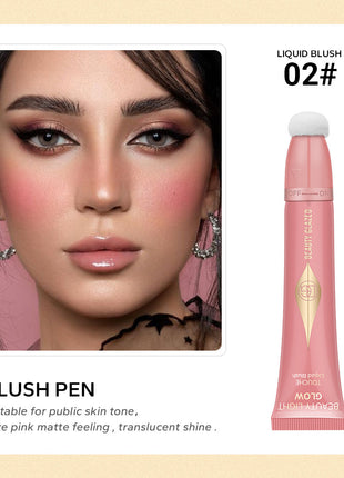 An image showcasing various beauty products including a highlighter, contour cream, and blusher. The highlighter is in a gold tube, the contour cream in a rose gold tube, and the blusher in a pink tube, each with a small sample amount applied to the skin to demonstrate the effect.