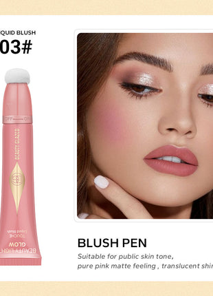 An image showcasing various beauty products including a highlighter, contour cream, and blusher. The highlighter is in a gold tube, the contour cream in a rose gold tube, and the blusher in a pink tube, each with a small sample amount applied to the skin to demonstrate the effect.