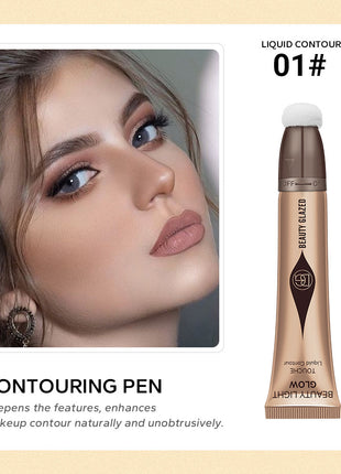 An image showcasing various beauty products including a highlighter, contour cream, and blusher. The highlighter is in a gold tube, the contour cream in a rose gold tube, and the blusher in a pink tube, each with a small sample amount applied to the skin to demonstrate the effect.