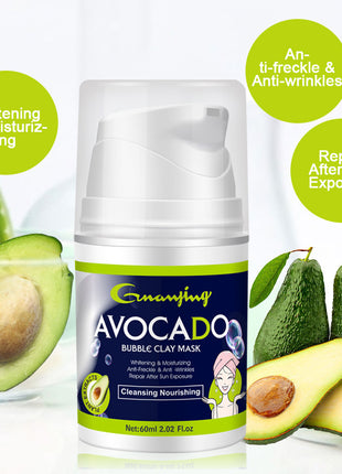 Avocado bubble clay mask packaging with avocado slices and benefits text on a white background