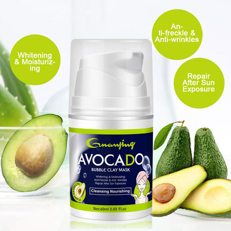 Avocado bubble clay mask packaging with avocado slices and benefits text on a white background