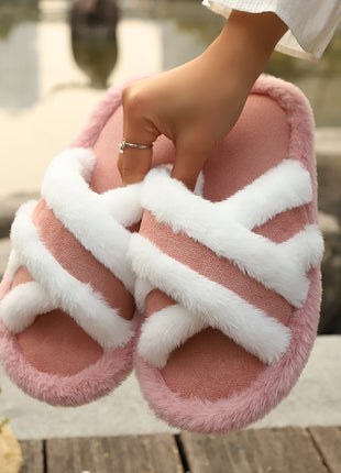 Fluffy Cross Strap Stitching Warm Slippers
