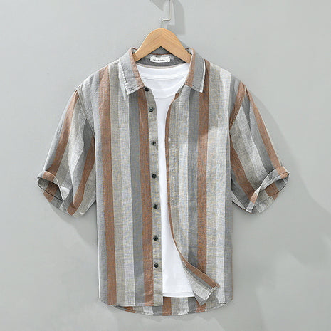 Vintage Yarn-dyed Linen Five-point Sleeve Men's Shirt