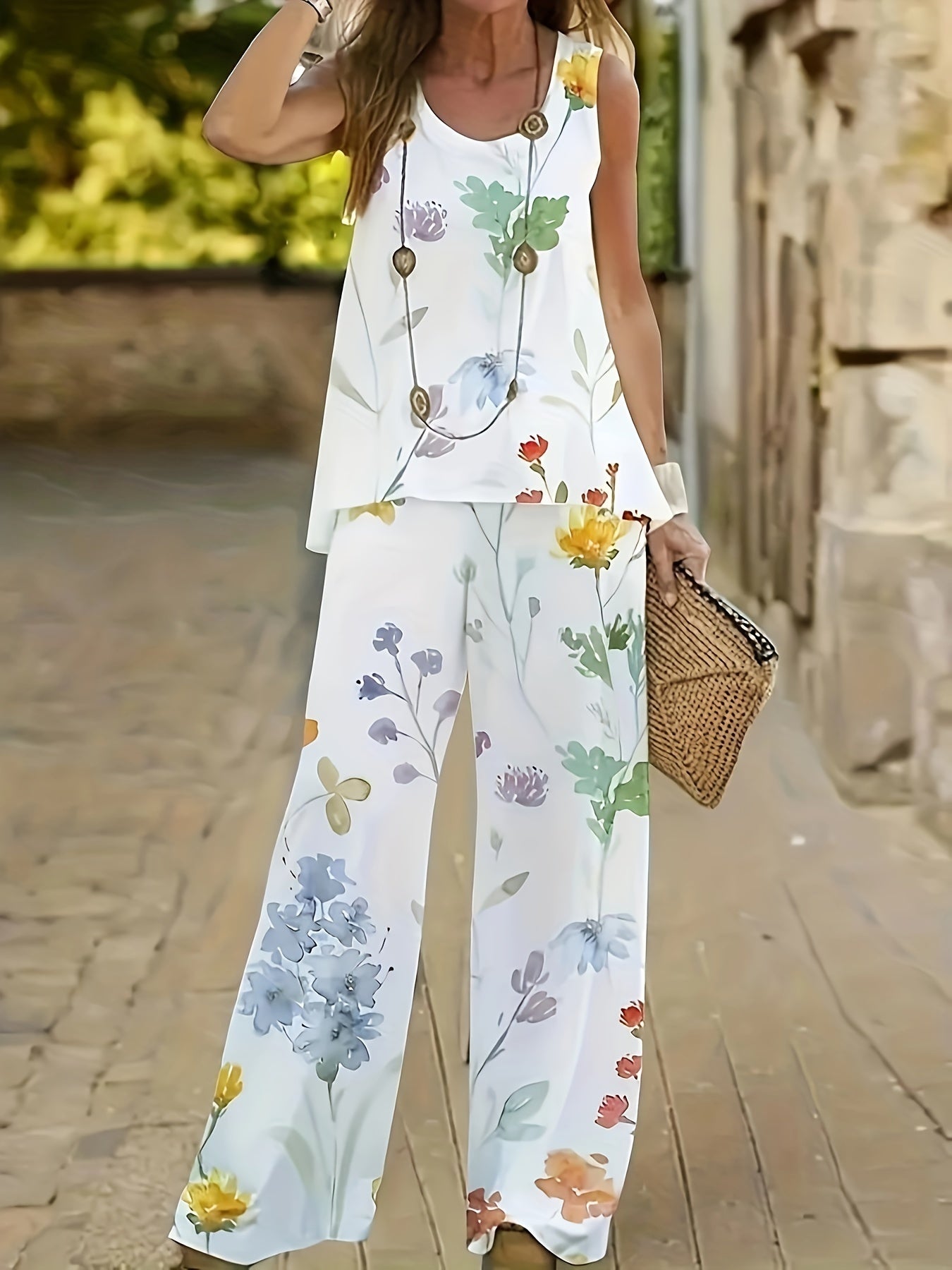 Elegant Round Neck Floral Two-Piece Set