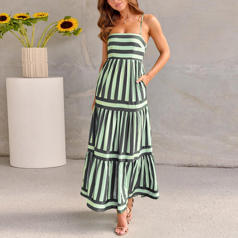Summer Striped Suspender Long Dress With Pockets
