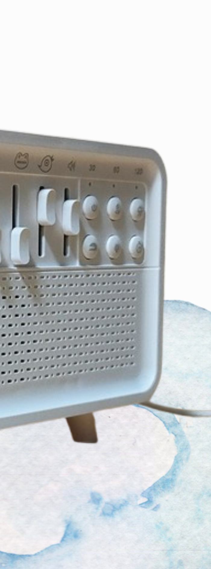 White noise therapy device with text on a light background