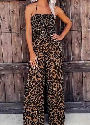 Leopard Print Halter Backless Jumpsuit
